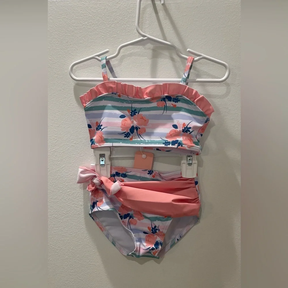 NEW…Girl Toddler Striped Floral Pink Two-Piece Bikini Set